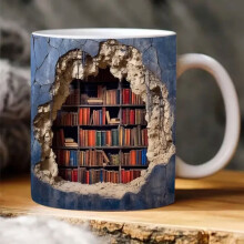 YiFudd 3D Bookshelf Mug, Library Shelf Cup, Creative Ceramic Mug Compatible with Book Lovers, Cool Gift for Readers, White