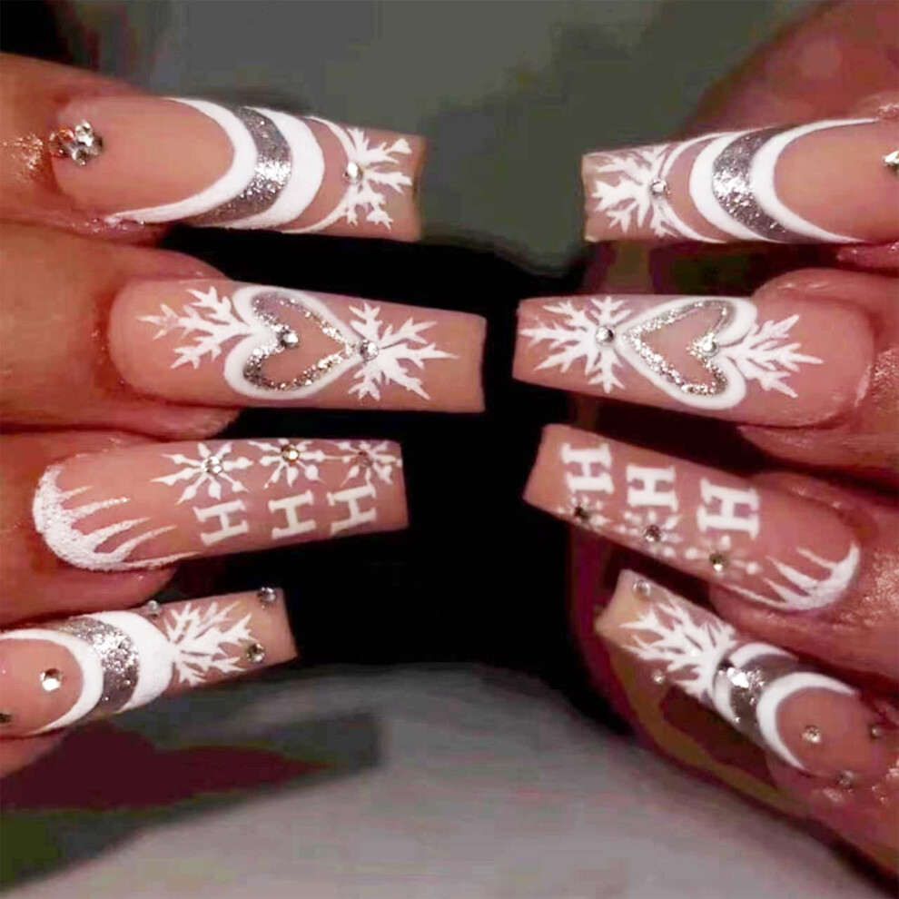 Christmas Press On Nails Long Coffin Fake Nails with Snowflake Design and French Tips, 24pcs