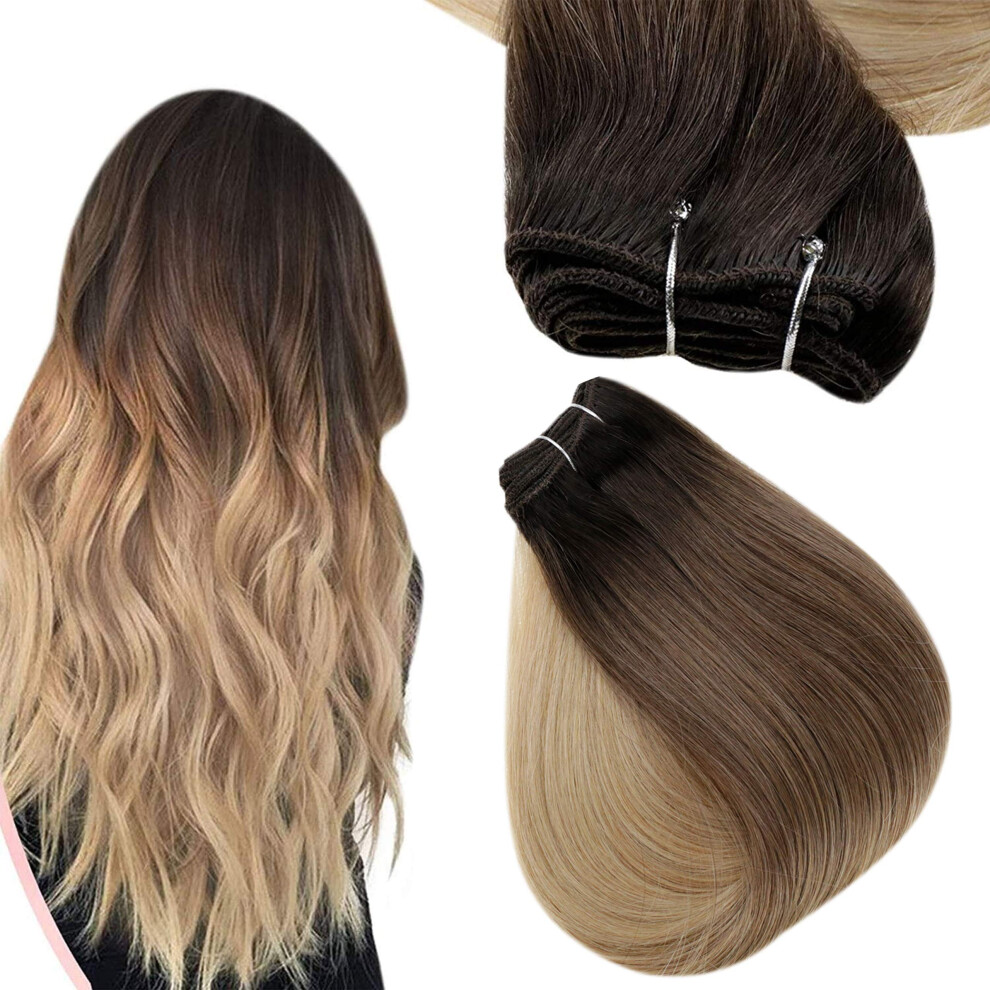 Unisex Human Hair Weft Extensions 16 Inch Balayage Ombre Straight Remy Hair Bundles Sew In