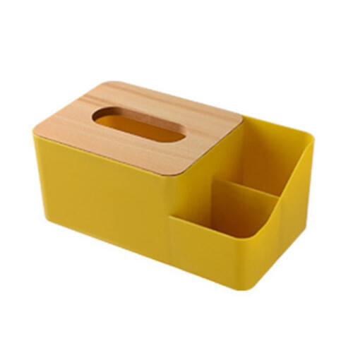Boîte à mouchoirs de bureau multifonctionnelle, simple, avec couvercle en bois, compartiments et télécommande.