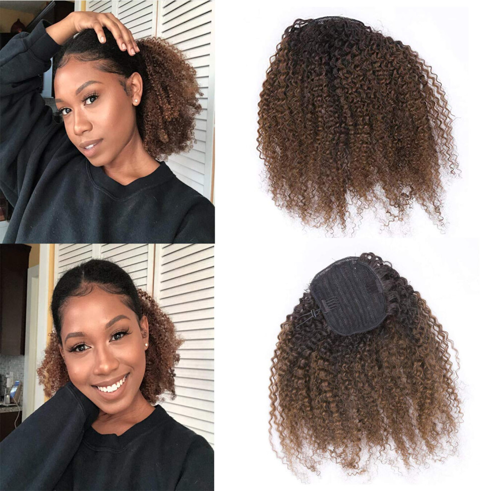 Unisex Black Afro Kinky Curly Human Hair Ponytail Extension 12 Inch Remy Drawstring 4B 4C For Women