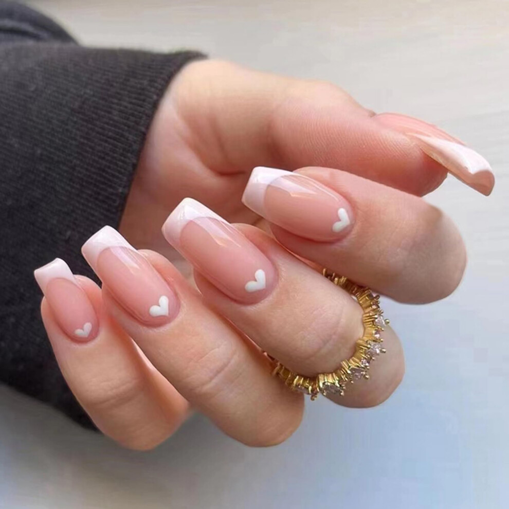 Cream 24Pcs French Tip Heart Press On Nails Square Coffin Nude Fake Nails For Valentines