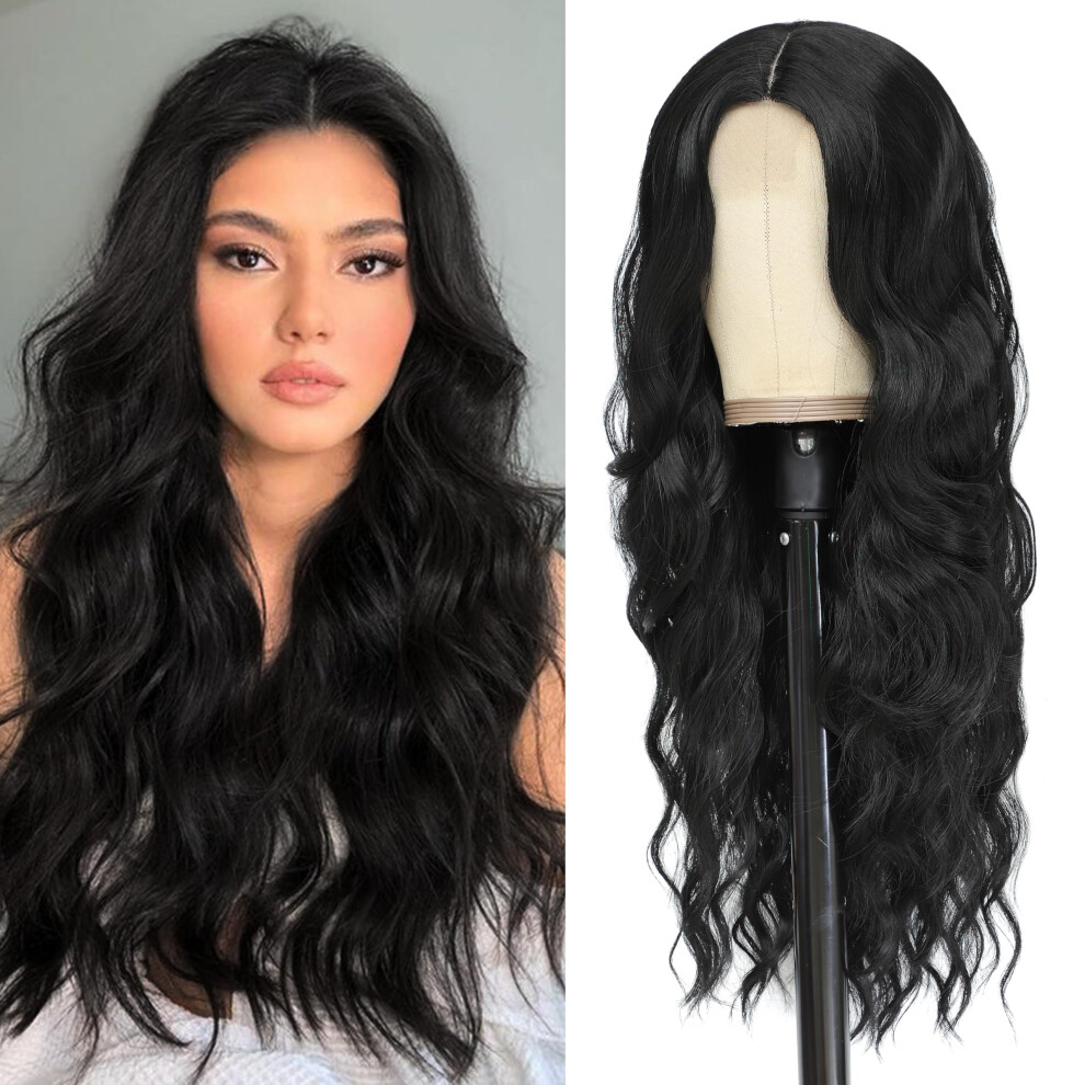 Unisex Black 26 Inch Long Wavy Lace Front Wig With Realistic Hairline, Heat Resistant Synthetic