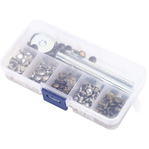 Double Cap Rivets For Leather Craft, Sturdy Material Double Cap Metal Fixing Stud Rust Proof Strong And Durable With Complete Tools Packed In Plastic 1
