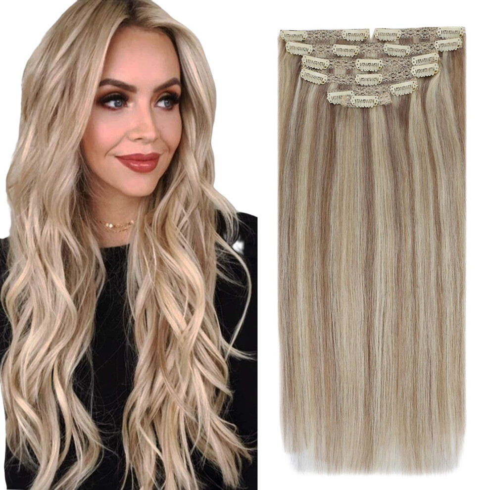 Unisex 16 Inch Ash Blonde Clip In Human Hair Extensions Remy Straight Full Head Double Weft 120G