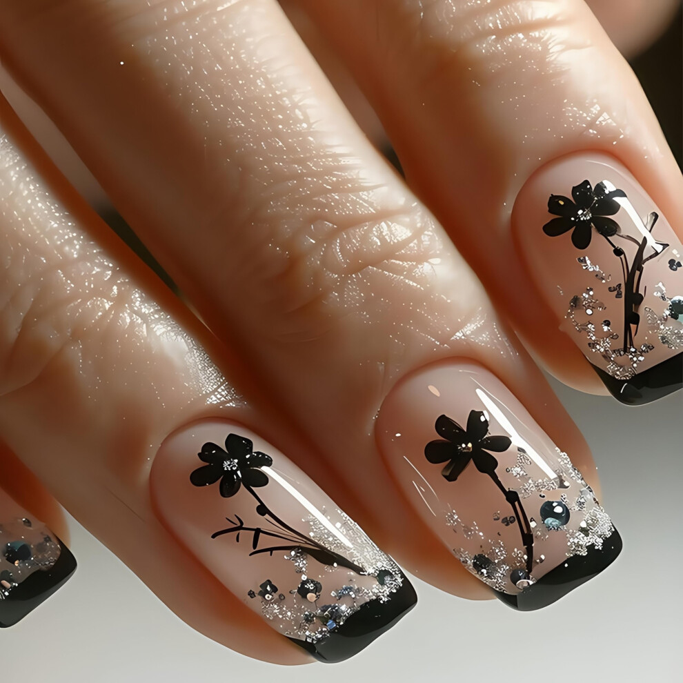 Black French Tip Press On Nails With Flowers And Glitter, Short Square Fake Nails 24Pcs