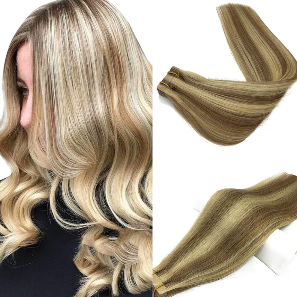 Unisex Tape In Hair Extensions 20 Inch Ombre Balayage Blonde Seamless 100% Remy Human Hair 20Pcs 50G