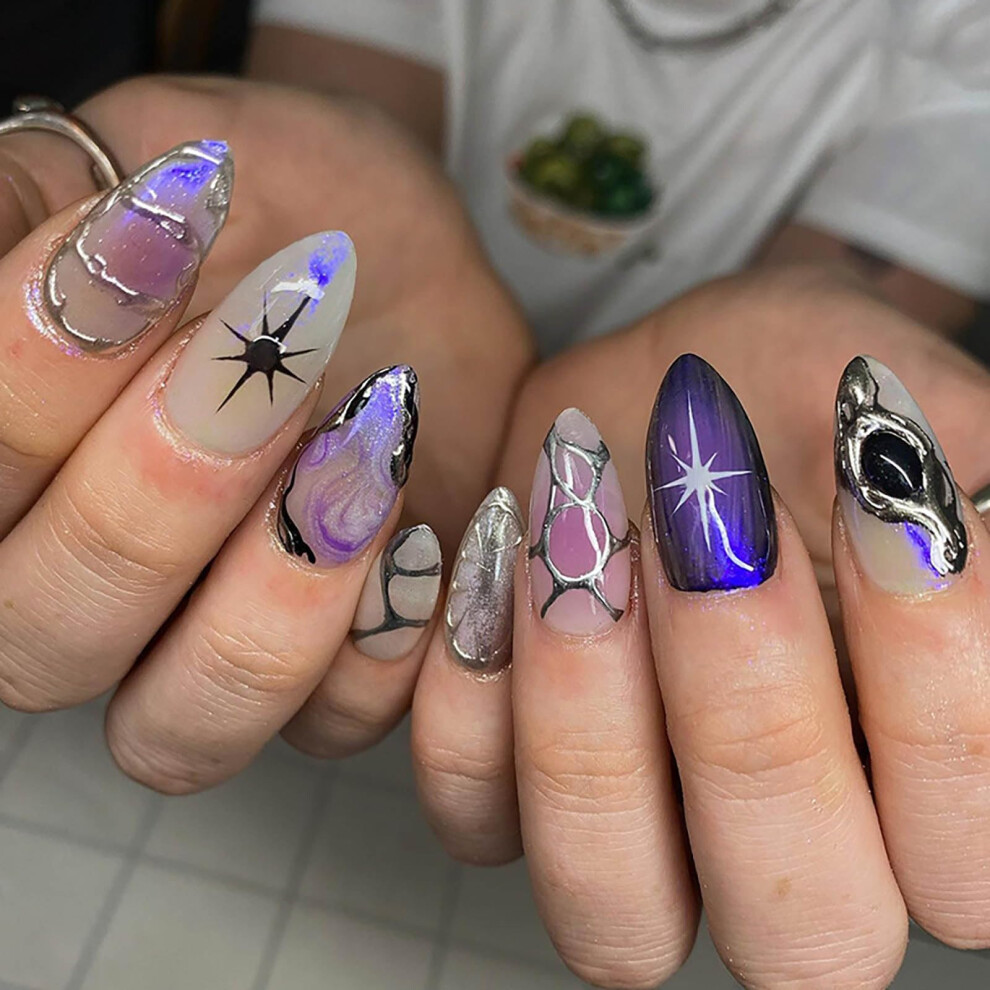 Purple Medium Almond Press On Nails Gradient Fake Nails With Designs 24Pcs Salonstyle Manicure Kit