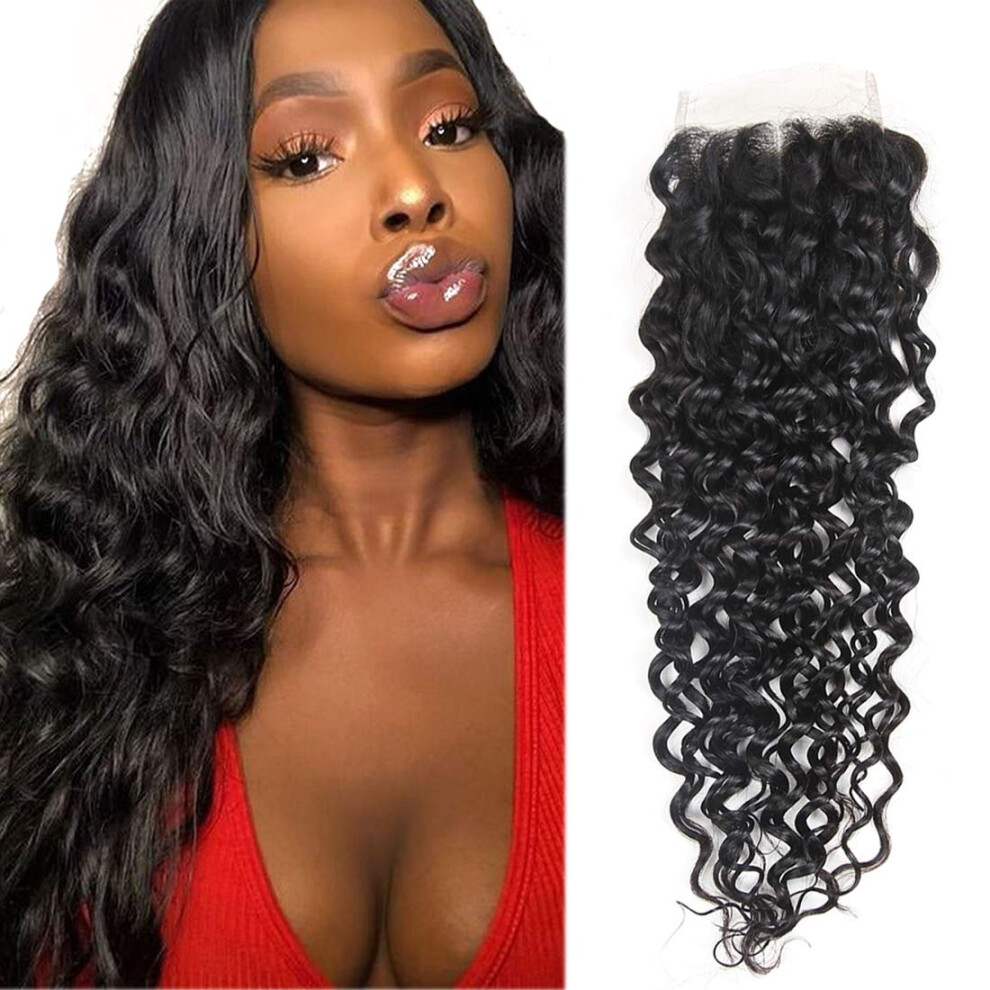 Unisex Brazilian Water Wave Lace Closure 4X4 Swiss Lace 12 Inch Virgin Human Hair Natural Hairline