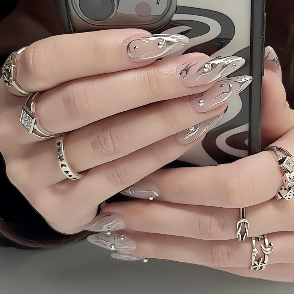 Silver/Grey Flame Press On Nails Medium Almond Fake Nails With Rhinestones Reusable 24Pcs Set