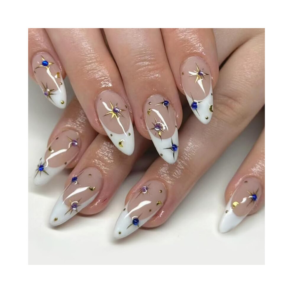 White Medium Almond Press On Nails Glossy With Rhinestones Reusable Acrylic False Nails Set 24Pcs