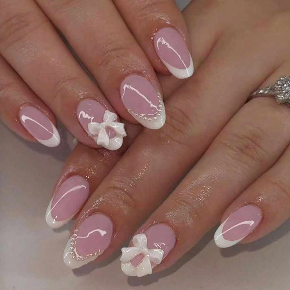 Pink,Cream Short Almond Press On Nails Glossy Nude Pink Reusable Acrylic False Nails Readytouse Kit