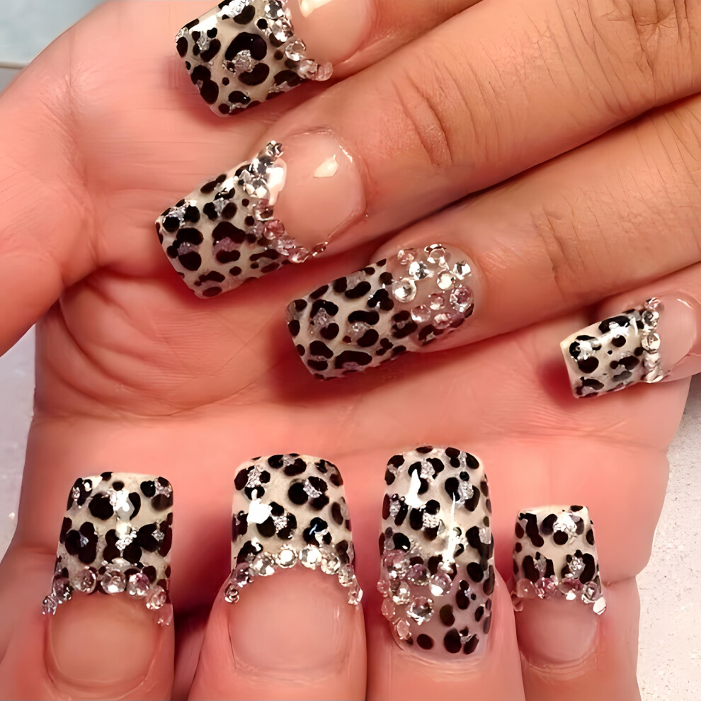 Brown Leopard Print Press On Nails With Rhinestones, Medium Square Acrylic Fake Nails, 24Pcs