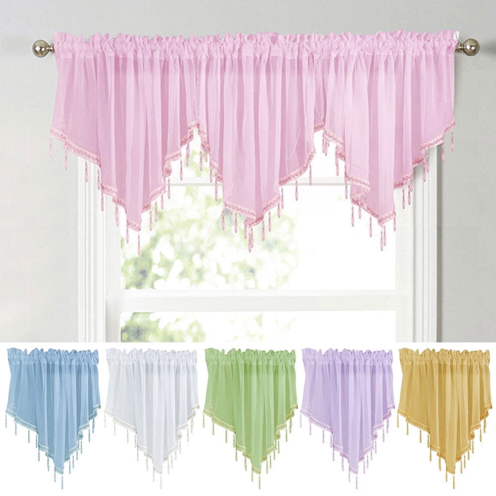 Semi Sheer Valance Curtains for Girls Room - Beaded Trim Tassel Voile Window Valance for Kitchen, Bathroom, Nursery (51x24 Inch Each)