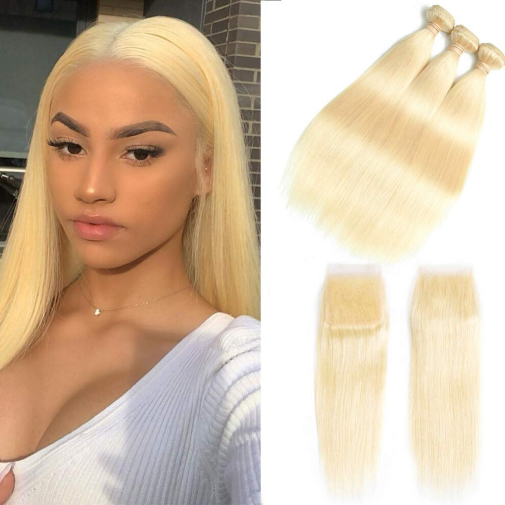 Unisex 613 Blonde Human Hair Bundles With Lace Closure Brazilian Straight Weave Thick Double Weft
