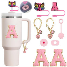 Hariumiu 9Pcs Portable Straw Stopper Set Letter Butterfly Design Cup Accessories for 30oz 40oz Cups Reusable Cartoon Silicone Straw Lids Chain Charm