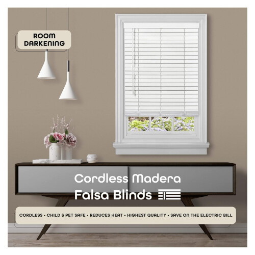 Persiana de madeira sintética sem fio para escurecimento de ambientes, 23x64 polegadas, lâminas de 2 polegadas, branca - Compatível com GII Madera 1