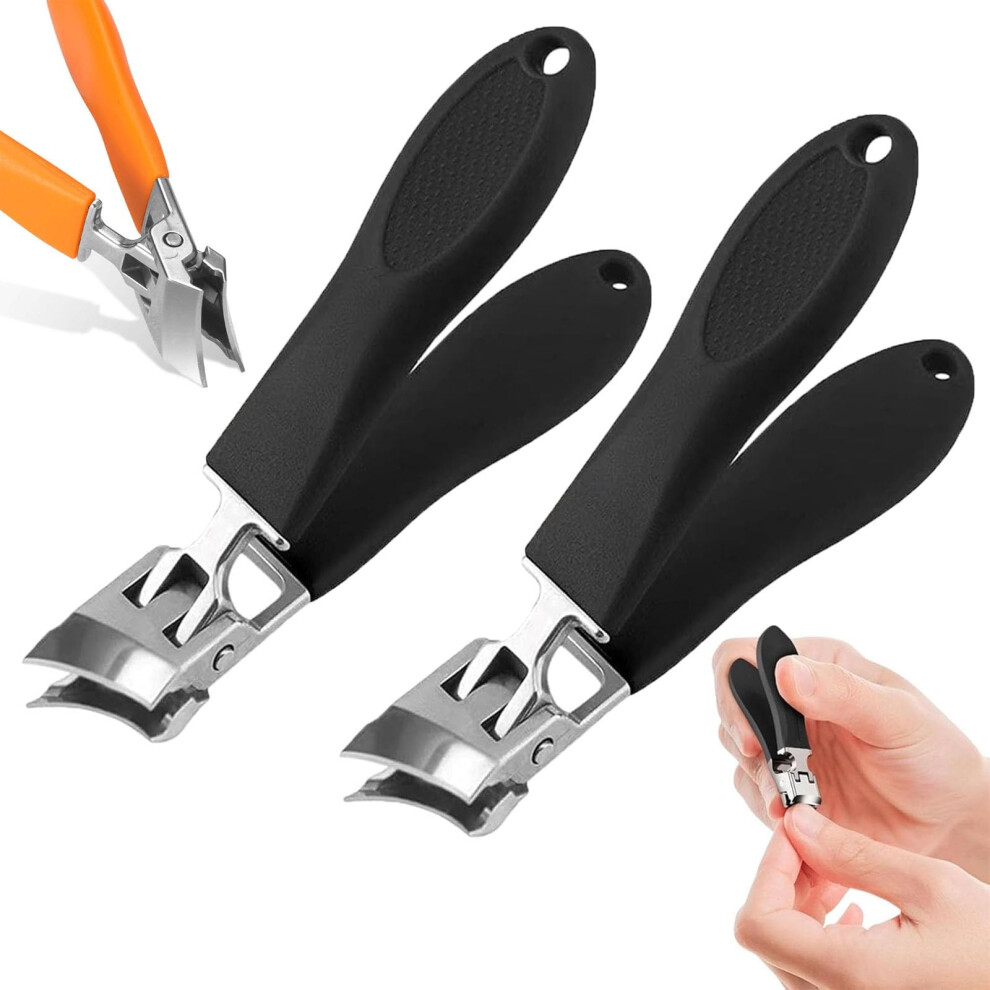 Black Wide Jaw Slanted Nail Clippers With Antisplash Design For Thick And Ingrown Toenails, 2Pcs
