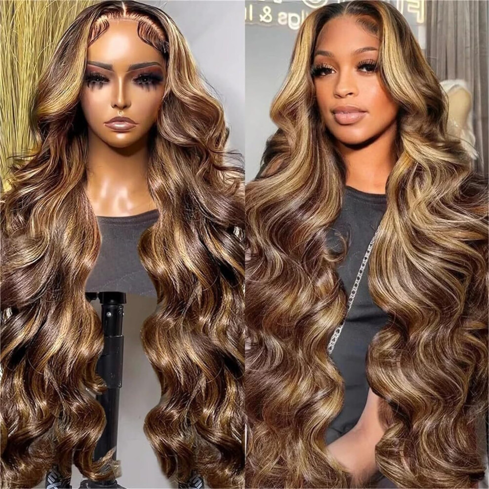 Unisex Brown 30 Inch Blonde Ombre Body Wave Human Hair Lace Front Wig 13X4 Hd Pre Plucked Natural Hairline