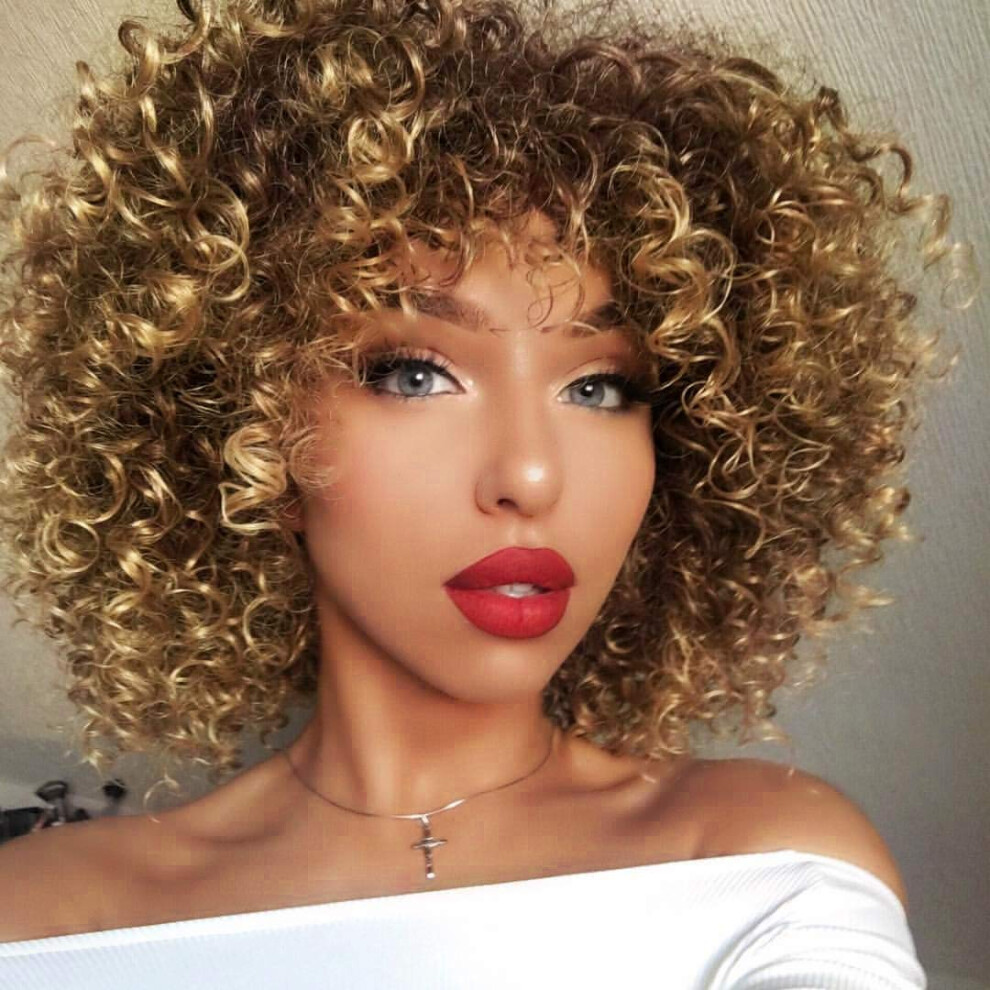 Unisex Ombre Blonde Afro Curly Wig With Bangs, Short Heat Resistant Synthetic Hair, Adjustable Fit