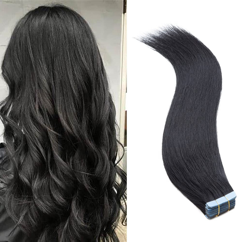 Unisex Black Tape In Hair Extensions Jet 16 Inch Invisible Seamless Remy Human Hair Full Volume Boost