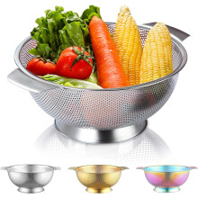 Stainless Steel Colander with Handle, Large Base for Draining, Washing Rice, Fruits, Vegetables