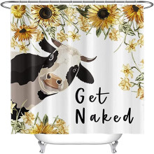 Cortina de ducha estilo granja con estampado de vaca, girasoles y animales de granja, ideal para decoración de baño, incluye 12 ganchos.