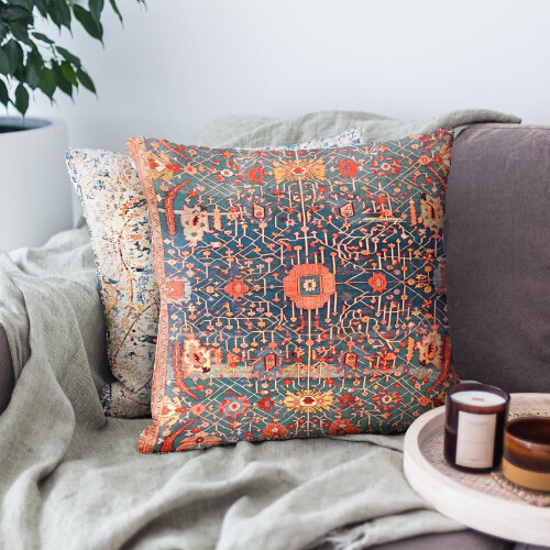 Μαξιλαροθήκες Boho 20x20 ίντσες, Vintage μοτίβο χαλιού, κόκκινη πορτοκαλί αντίκα έθνικ 1