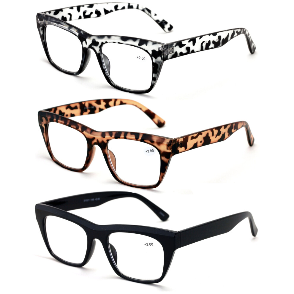3 Pairs Women Clear Lens Reading Glasses - Bold Vintage Thick Leopard Readers +2.00