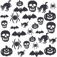 60 Stück Halloween-Filzdekorationen in 10 verschiedenen Designs – Schwarze Fledermaus, Spinne, Katze, Totenkopf, Kürbis-Ornamente für Partys und