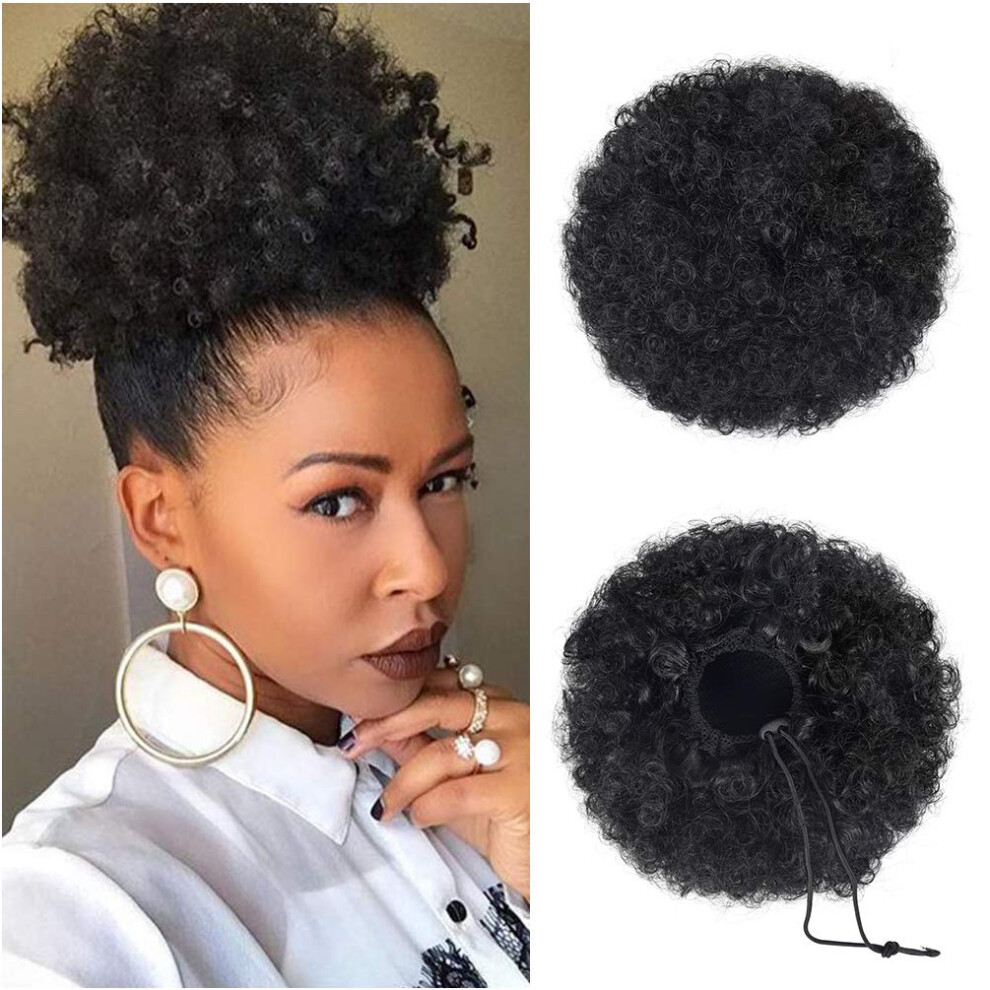 Unisex Black Afro Puff Ponytail Extension With Secure Drawstring Fit And Synthetic Curly Short Hairpiece