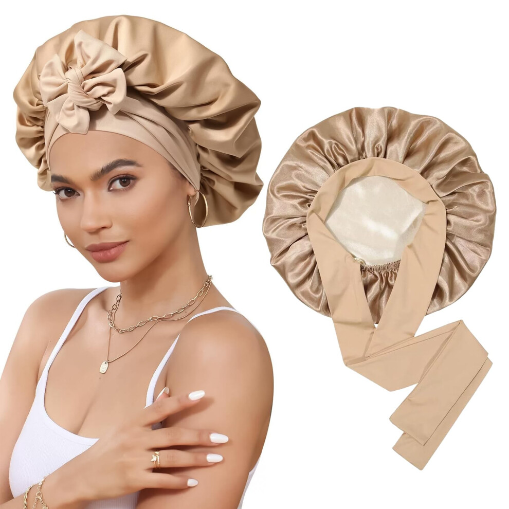 Unisex Silk Sleep Bonnet For Curly Hair With Frizz Reduction And Secure Elastic Fit Khaki Satin Cap