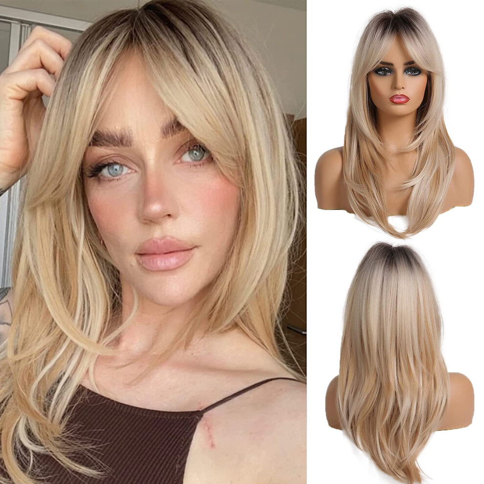 20 Inch Blonde Synthetic Wig with Dark Roots, Long Straight Layered Heat Resistant Style for Women