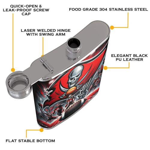 Φιάλη Buccaneers Fagon Hip Flask8oz, Δερμάτινη φιάλη τσέπης από ανοξείδωτο ατσάλι, κατάλληλη 2