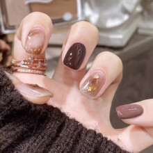 Faux ongles marron à coller, ongles courts carrés marron café, faux ongles acryliques brillants avec motif, ongles adhésifs à couverture