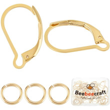 æske med 40 stk. 24 karat forgyldte leverback-øreringe, 16,5 x 10 x 2 mm med o-ring til gør-det-selv-smykkefremstilling, kompatibel med rustfrit