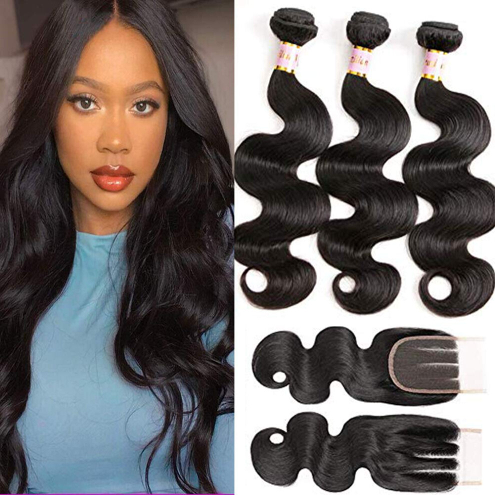 Unisex Brazilian Body Wave 3 Bundles With Closure 8A Virgin Human Hair Extensions Full Density Bleach Dye Ready