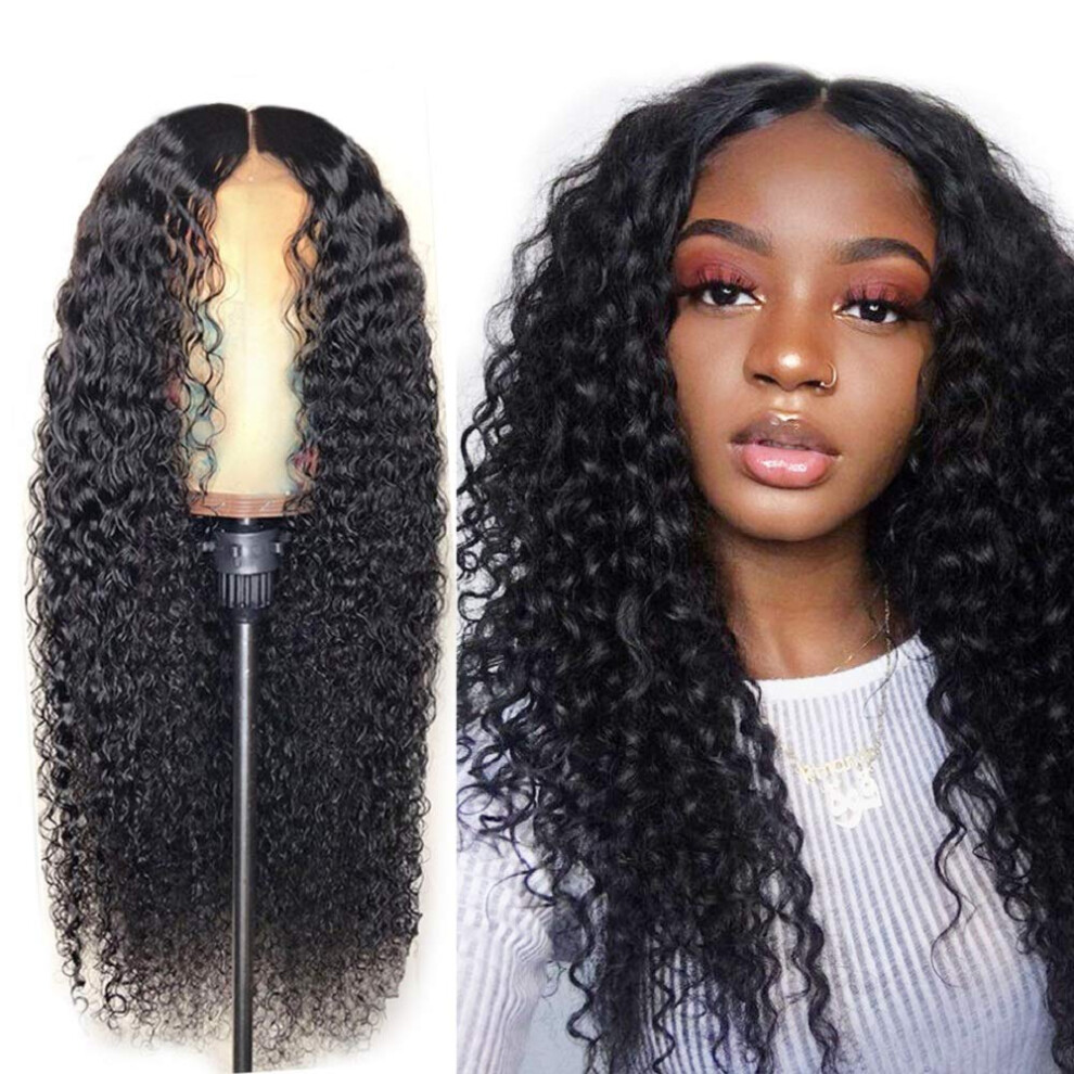 Curly Human Hair Wig Natural Black Kinky Loose Curls Middle Part for Black Women with Wig Cap