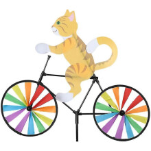 3D-vindmølle med katt og hund som sykler, innovativ vindmølle med tegneserieform, hagekunstdekorasjon, hageornament, vindspinner, gul katt