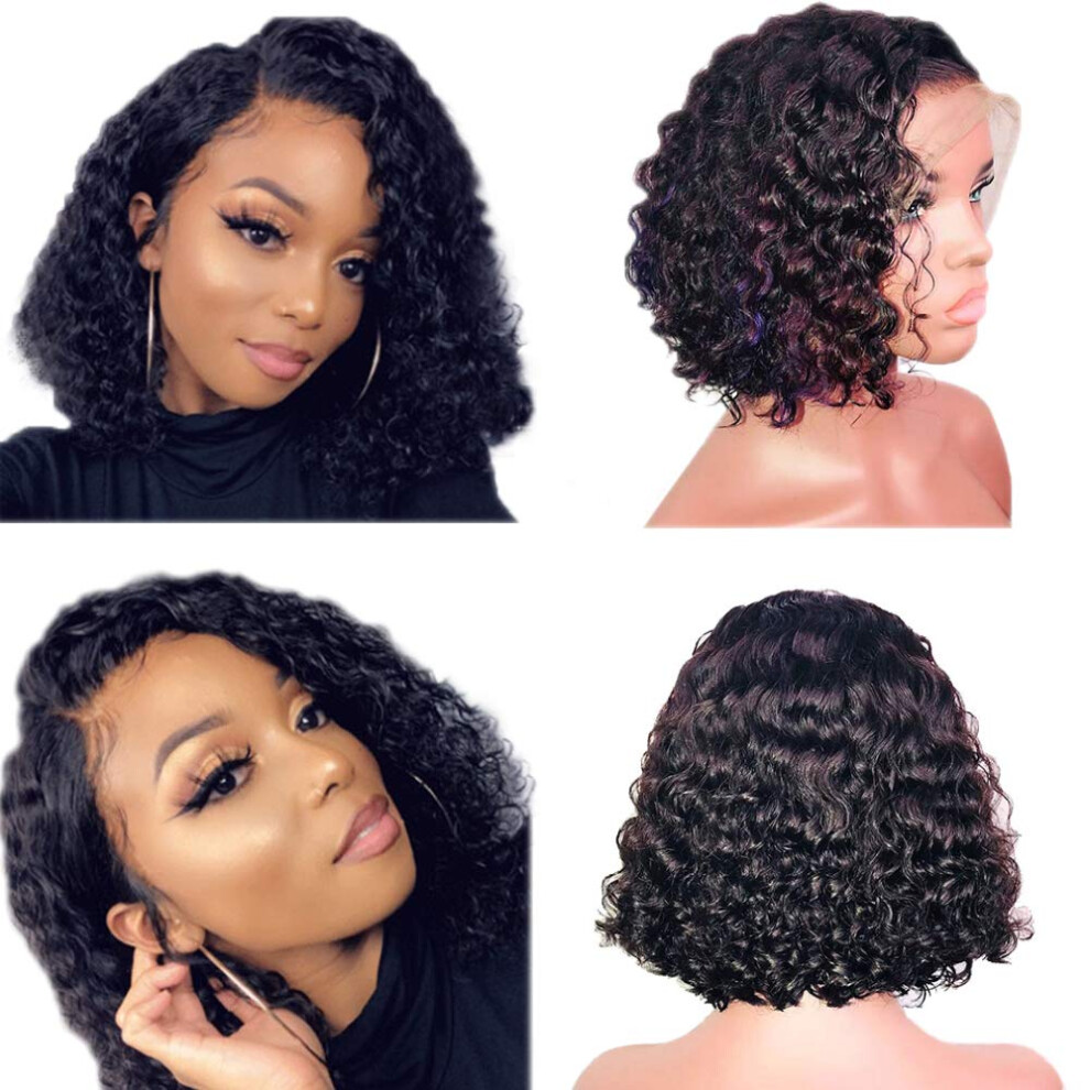 Unisex Black Human Hair Lace Front Wig Natural Curly Brazilian Wet Wavy Glueless Bob 10 Inch For Women