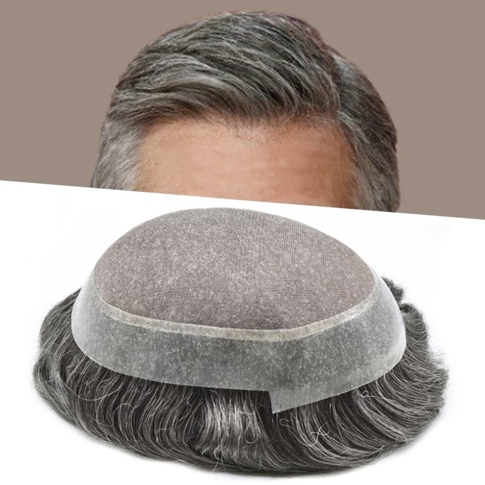 Unisex Brown,Grey Men's Hair Toupee 6X8 Human Hair Hairpiece Natural Hairline Dark Brown With 30% Grey 120% Density