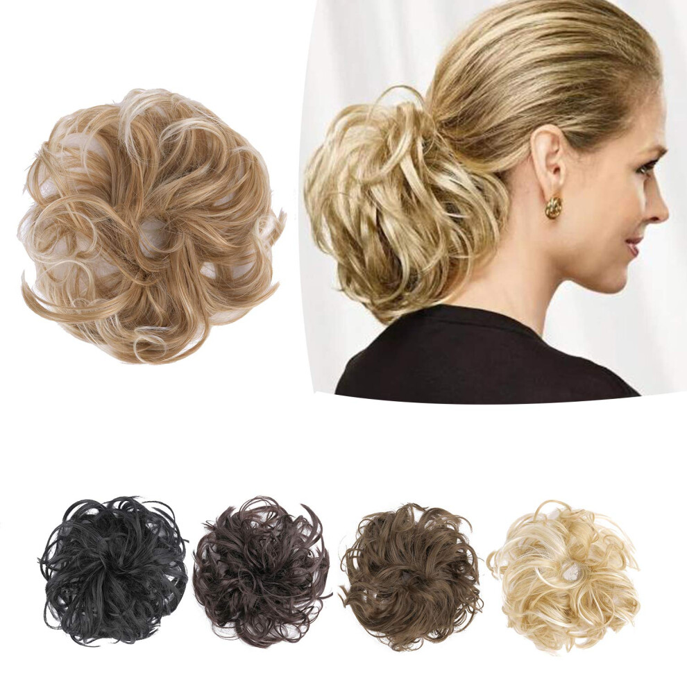 Unisex Hair Bun Extension With Wavy Curly Messy Style, Strawberry Blonde And Bleach Blonde Updo Scrunchie