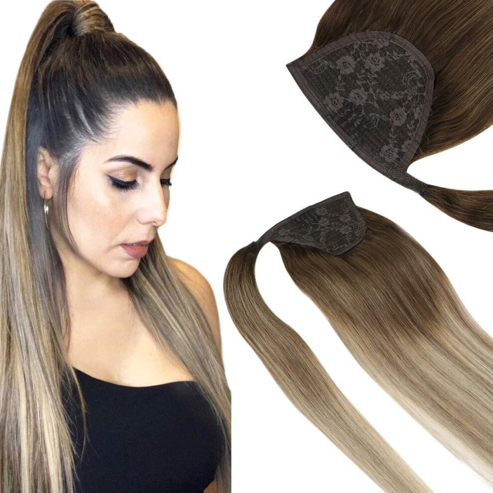 Unisex 22 Inch Remy Human Hair Clip In Ponytail Extension Ombre Blonde Wrap Around For Instant Volume