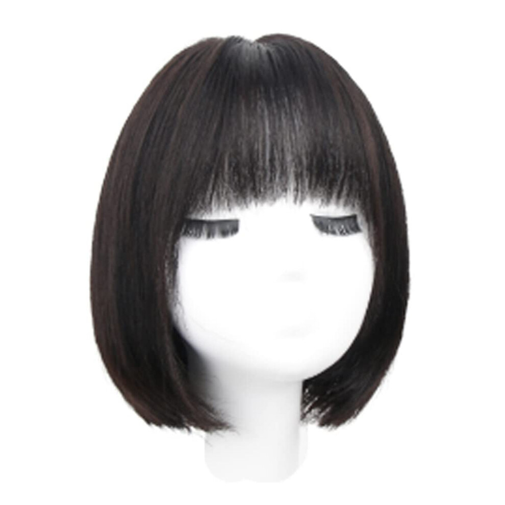 Short Brown Bob Wig Human Hair with Bangs, Natural Fluffy Texture, Adjustable Cap Fit
