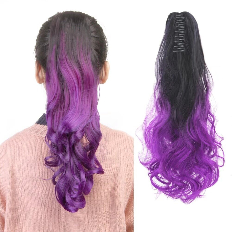 Synthetic Ponytail Hair Extension Ombre Black Purple Wavy 24 Inch Claw Clip Hairpiece for Women