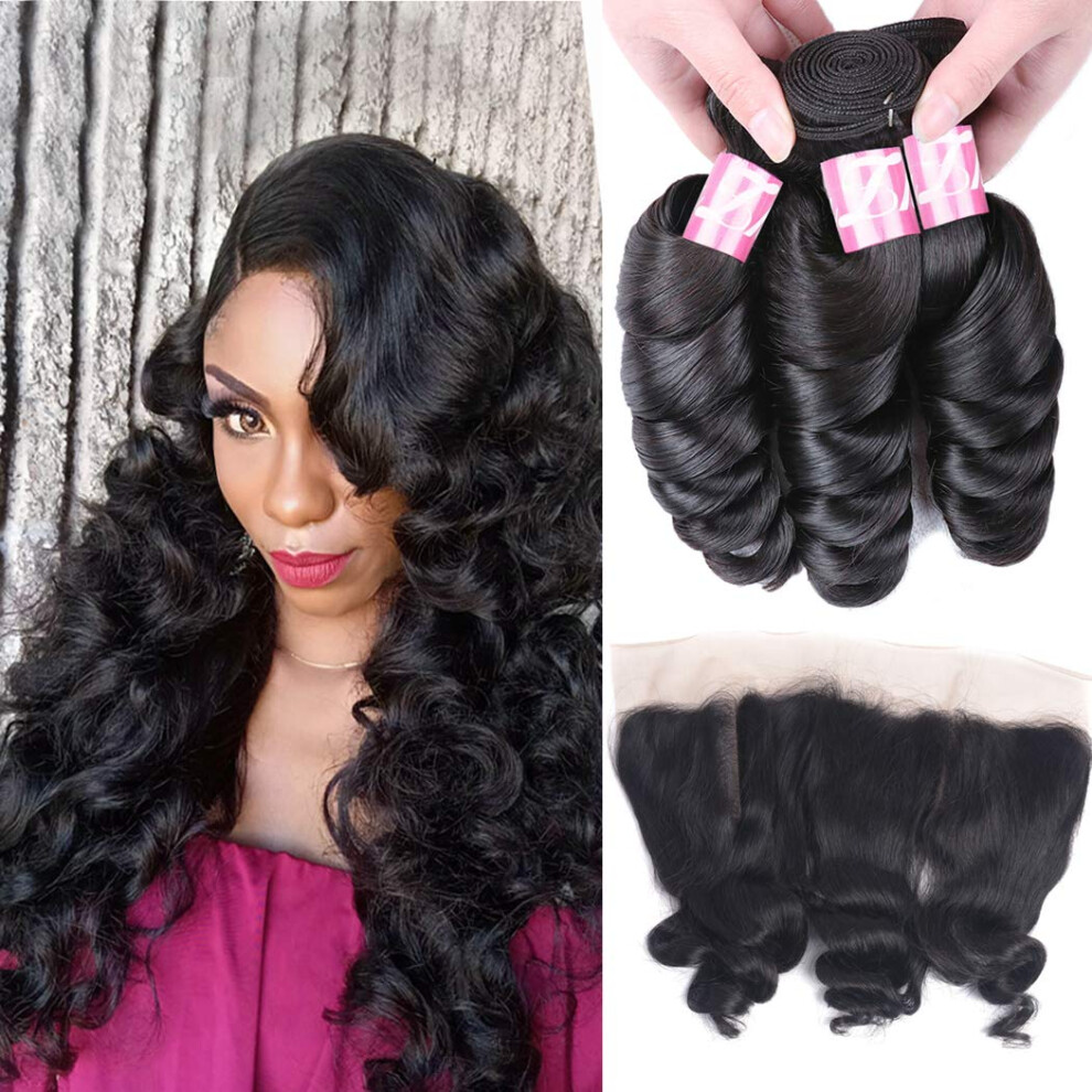 Unisex Brazilian Loose Wave Hair 3 Bundles With 13X4 Lace Frontal Virgin Unprocessed Human Hair Extensions