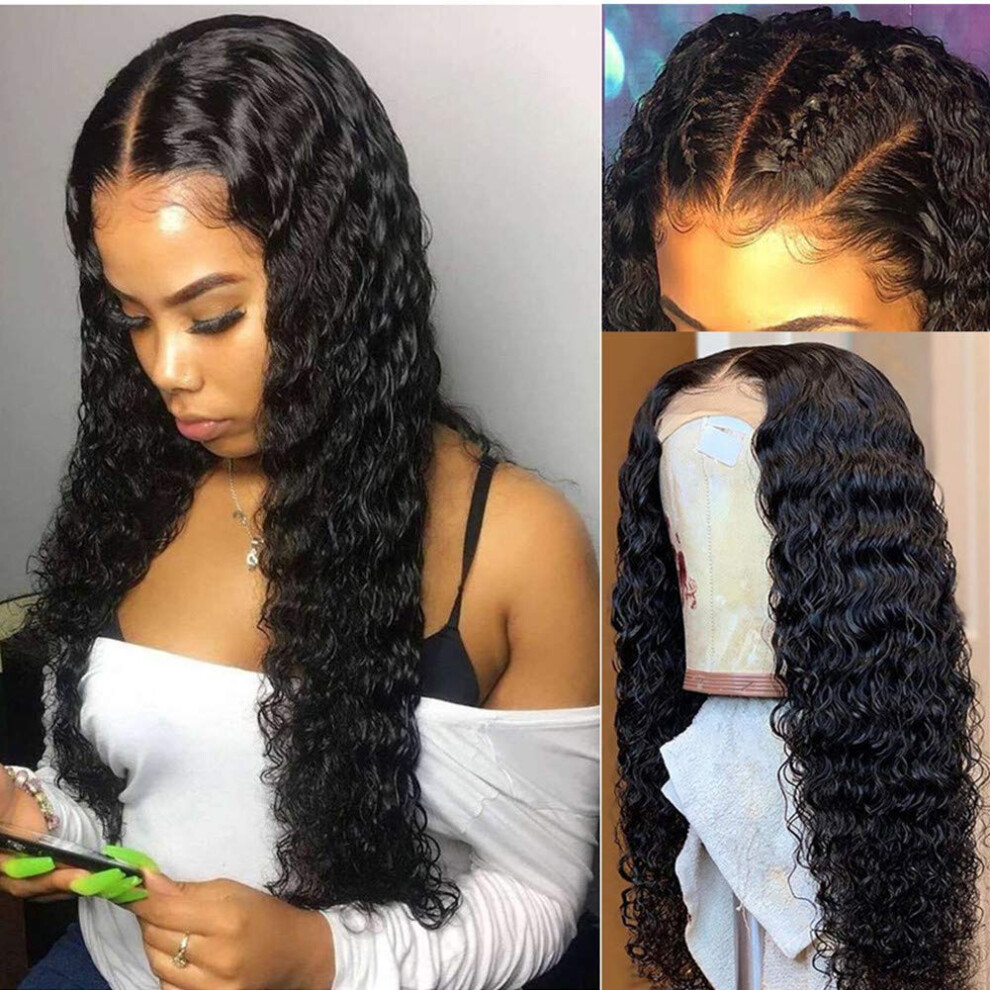 Unisex Brazilian Deep Wave Lace Front Wigs 13X6 Pre Plucked Curly Human Hair Wig Natural Color 18Inch