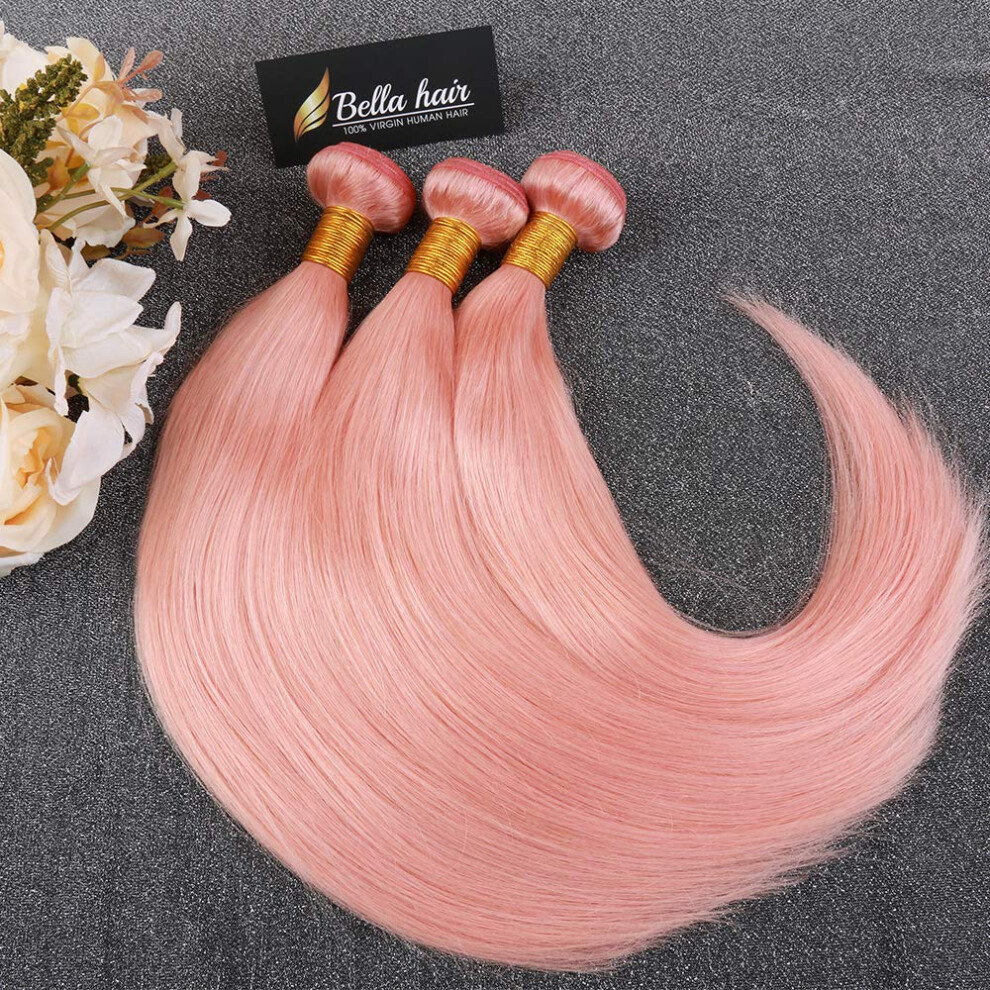 Unisex Pink Straight Human Hair Extensions 22 Inch Virgin Remy Weave 3 Bundles Natural Cuticle Alignment
