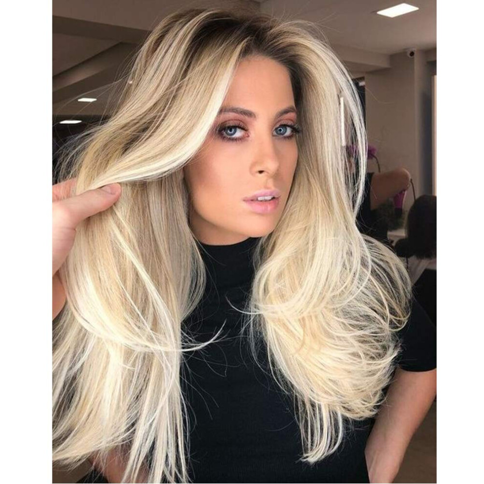 Unisex Black Remy Human Hair Silk Base Topper Clip In Crown Volume To Blonde Ombre 14Inch 2X6inch