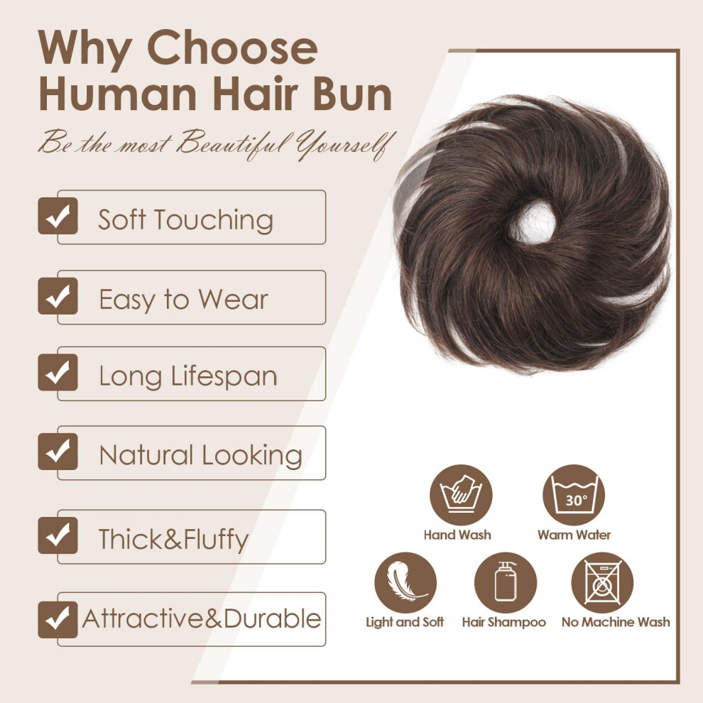 Human Hair Bun Extension Light Brown Remy Messy Bun Hair Piece with Secure Elastic Band